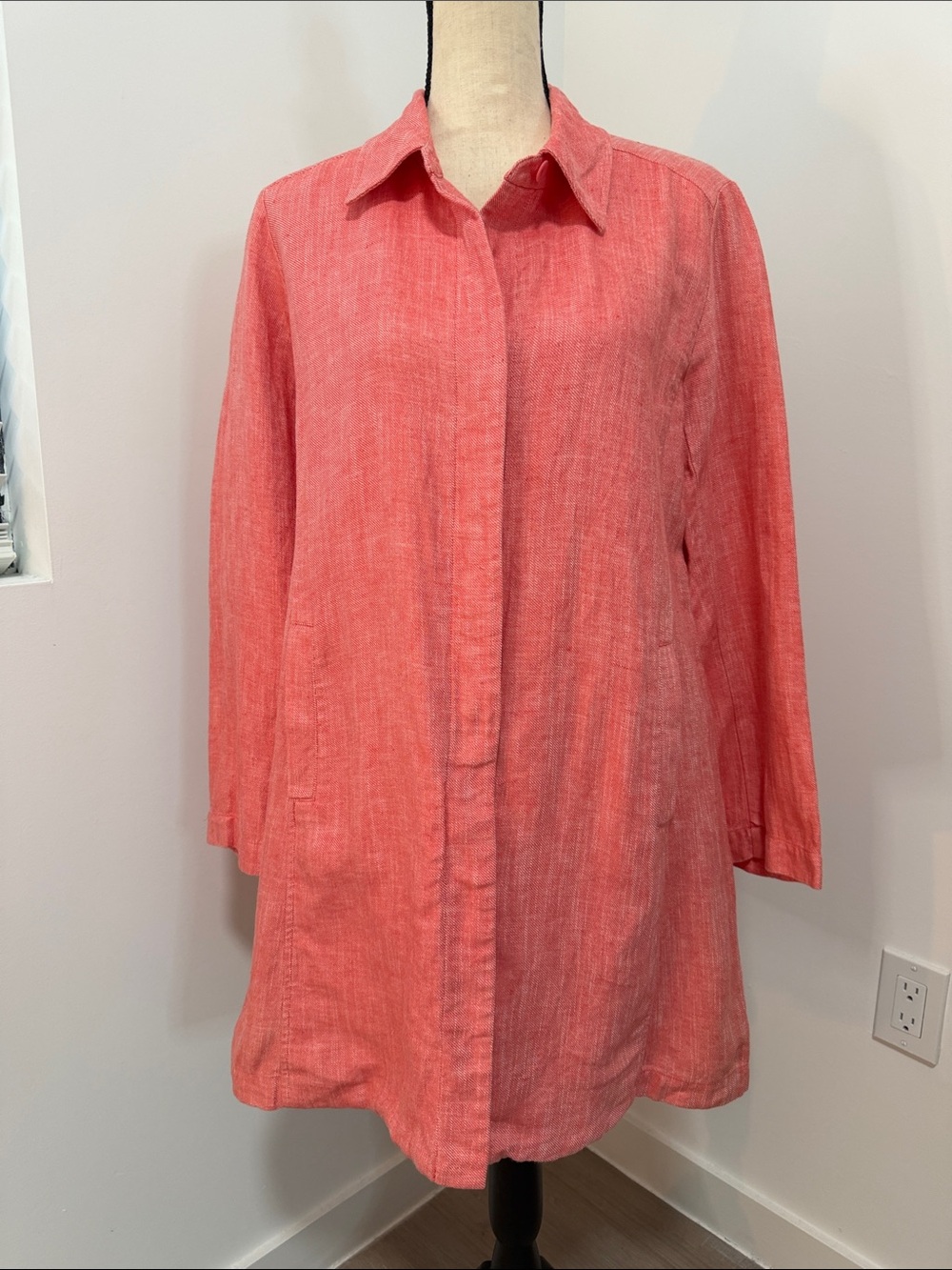 Eileen Fisher Neon Bright Orange Linen Long Sleeved Shirt Dress.  Sz M